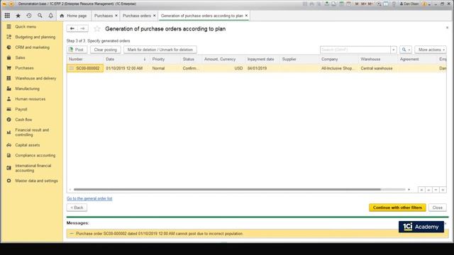 1C:ERP Fundamental Training Course - Trading. Creating purchase orders and documents. Episode 1.11 смотреть онлайн