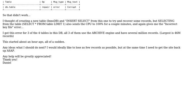 MySQL: Corrupt ARCHIVE table. Help, Please? смотреть онлайн