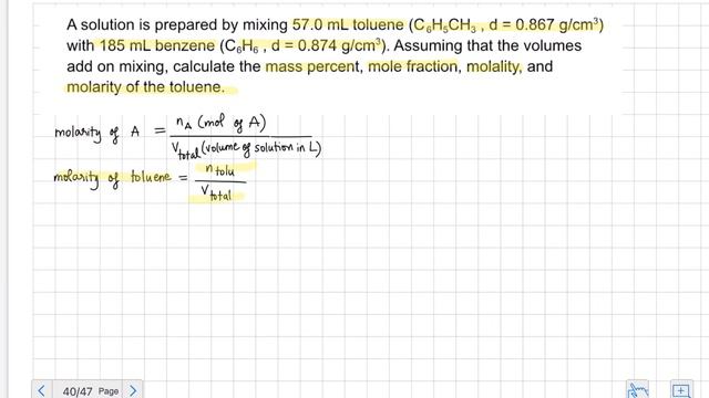 Calculate molarity of toluene: A solution is prepared by mixing 57 mL toluene with 185 mL benzene смотреть онлайн