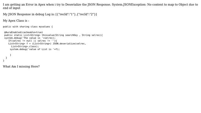Apex Class Error Message: System.JSONException: No content to map to Object due to end of input смотреть онлайн