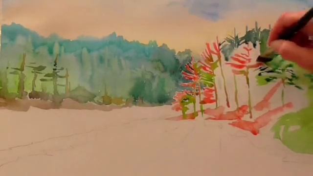 Лес. Озеро.Утро. Акварель смотреть онлайн