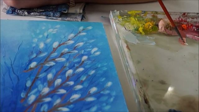 Как начать писать маслом. ПРОСТАЯ картина - веточки ВЕРБЫ. Подарок на светлый праздник Пасхи.