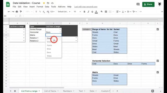 Create a dropdown list from a range of cells: Google Sheets: Data Validation смотреть онлайн