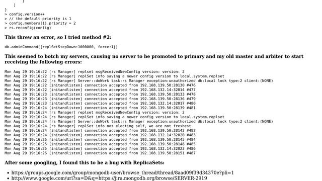 MongoDB: Fixing ReplicaSet Error on reconfig - "Server::doWork task:rs Manager... смотреть онлайн