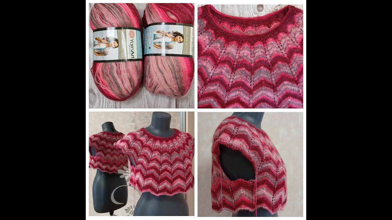 Туника спицами с круглой кокеткой узором зигзаг из пряжи YarnArt angora active. Часть 1 смотреть онлайн