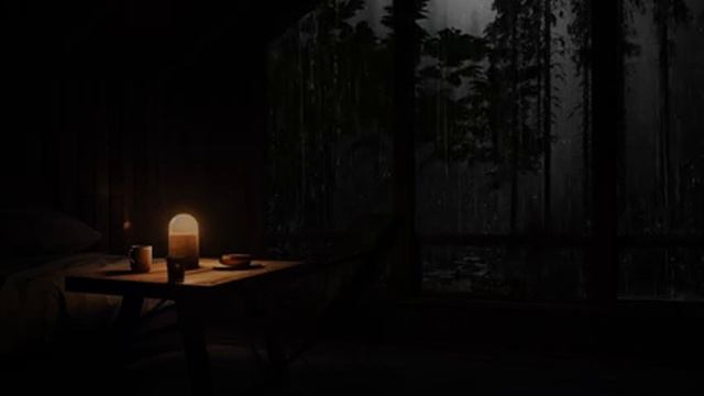 Cozy Living Room With Rainy Night Scene In The Forest During Heavy Rain смотреть онлайн