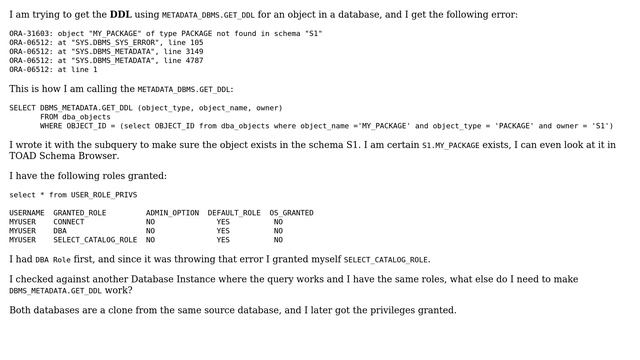 Databases: Why would DBMS_METADATA.GET_DDL Fail when i have the SELECT_CATALOG_ROLE Role? смотреть онлайн