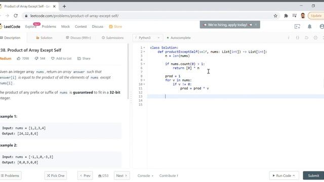 LeetCode 238: Product of Array Except Self: Python Medium смотреть онлайн