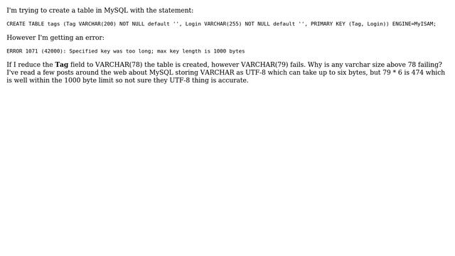 DevOps & SysAdmins: MySQl: Specified key too long ..max is 1000 bytes? смотреть онлайн