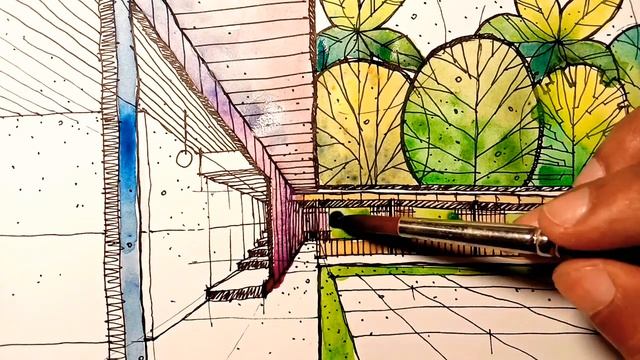 Quick render perspective with watercolor..simple view at courtyard garden. смотреть онлайн