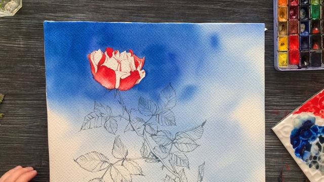 РИСУЕМ РОЗУ АКВАРЕЛЬЮ, ПОЛНЫЙ УРОК + основы рисования стекла. смотреть онлайн