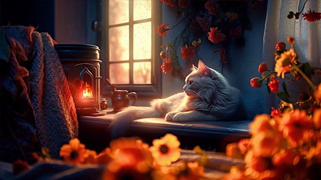 Purring Cat And Relaxing Fireplace Sound l Cozy Ambiance l Study With Purring Cat l Sleep смотреть онлайн