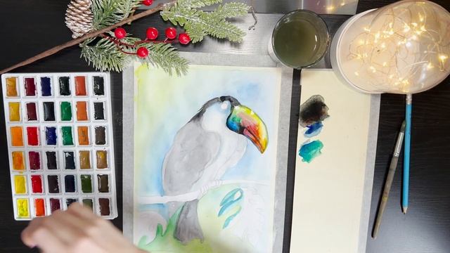 Рисуем красивую птицу "Тукан на дереве" смотреть онлайн