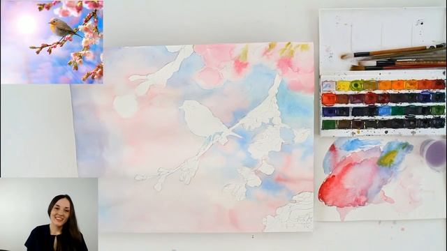 Мастер-класс по акварели «Зарянка на цветущей вишне» | Как нарисовать птичку на ветке смотреть онлайн