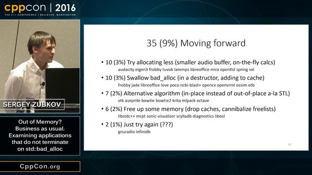 CppCon 2016: Sergey Zubkov “Examining applications that do not terminate on std::bad_alloc" смотреть онлайн