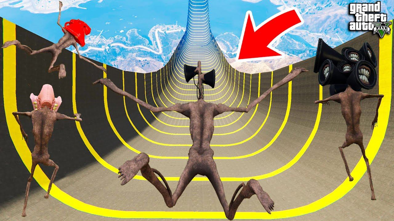 СПУСК БЕЗ ТОРМОЗОВ ЗА СИРЕНОГОЛОВЫХ СЦП МОНСТРОВ ПО ТРАМПЛИНУ в ГТА 5 МОДЫ! ОБЗОР МОДА в GTA 5 ВИДЕО смотреть онлайн