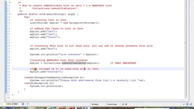 JAVA HOW TO CREATE READ ONLY LIST UNMODIFIABLE DEMO смотреть онлайн
