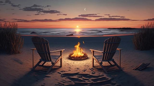 Побег к кострищу на закате на пляже тихий вечер у океана со звуками огня и спокойной атмосферой смотреть онлайн