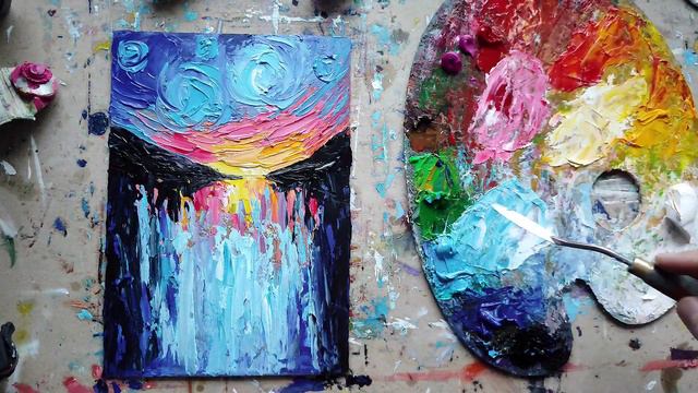 ЗАКАТ И ЗВЁЗДЫ  мастихином ИМПАСТО