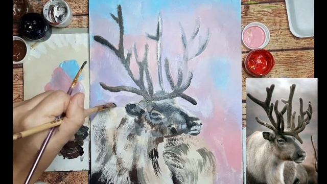 Живопись акриловыми красками |Рисую северного оленя | Подмалевок в живописи. смотреть онлайн