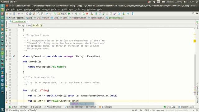 Android Kotlin Tutorial #174 - Exceptions - 'try' is an exception смотреть онлайн