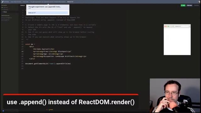 10 - Thought experiment: use .append() instead of ReactDOM.render()? смотреть онлайн
