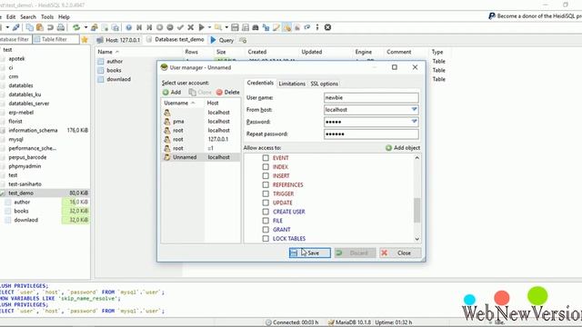 Tutorial HeidiSQL with MariaDB and MySQL Part 6 Manage user authorization and priviledges смотреть онлайн