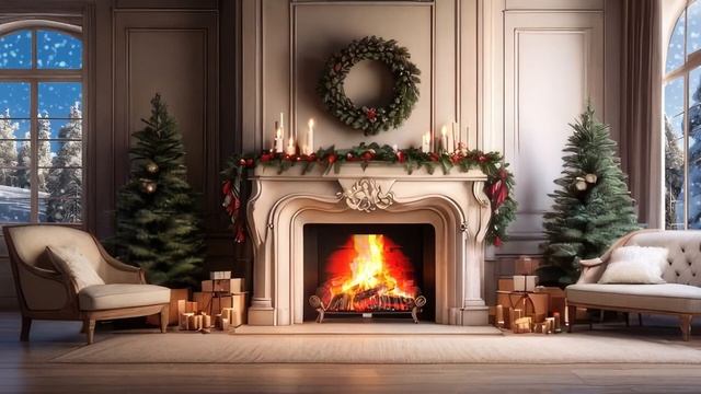 Softy Winter Night In Cozy Bedroom With Cracking Fireplace.