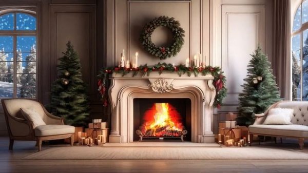 Softy Winter Night in Cozy Bedroom With Cracking Fireplace.