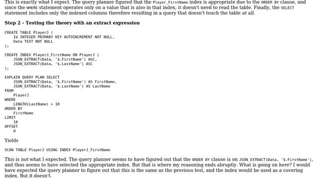 Databases: SQLite3 not using covering index with json_extract expression смотреть онлайн