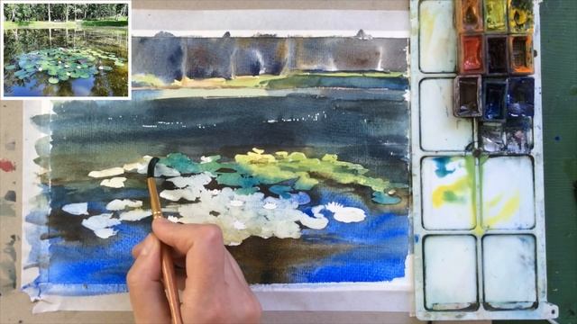 Уроки рисования. Рисуем кувшинки на воде. Акварель. В этом видеоуроке пишем пейзаж акварелью. смотреть онлайн