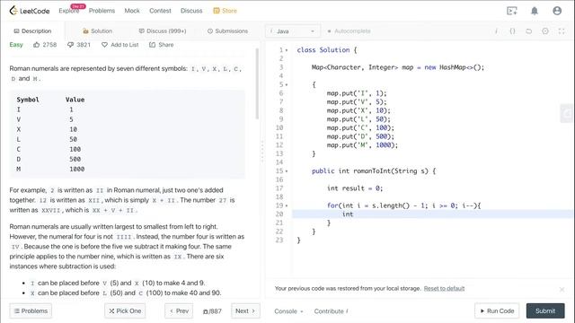 [Решение на Java] 13. Roman to Integer. LeetCode задача для Amazon, Microsoft, Facebook, Apple и др смотреть онлайн