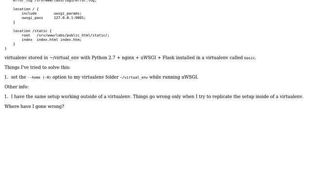 "ImportError: No module named flask" - Trouble with nginx + uWSGI + Flask in a virtualenv setup смотреть онлайн