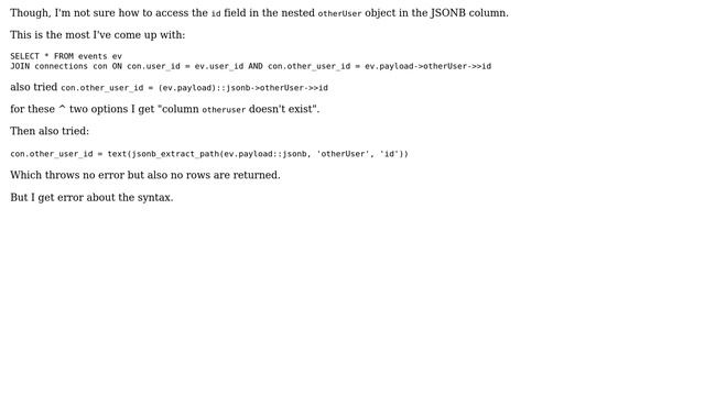 Databases: Join on nested obj attribute in JSONB column along and a varchar column смотреть онлайн