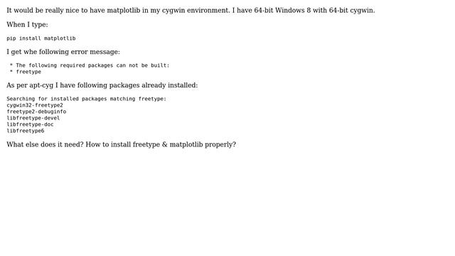 Cannot install matplotlib in cygwin (freetype issue) (2 Solutions!!) смотреть онлайн