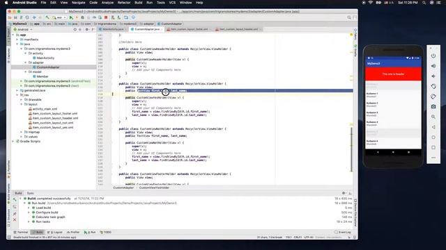 3 - RecyclerView Custom Adapter with Header and Footer(Java) смотреть онлайн