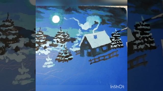 Зимняя ночь, пейзаж гуашью на тонированной бумаге, ограниченная палитра смотреть онлайн