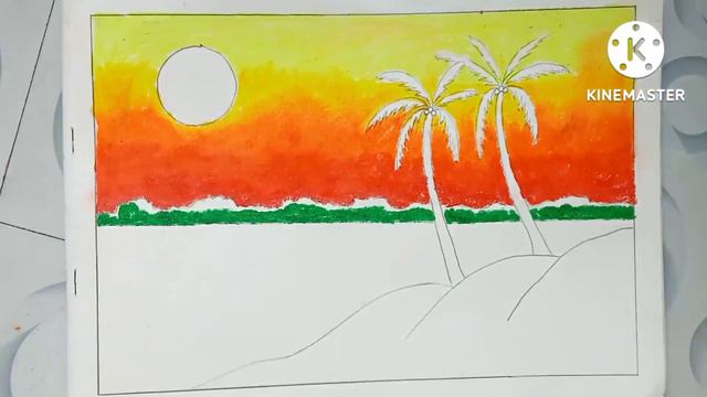 How to draw a scenery Coconut trees or sun and river drawing смотреть онлайн