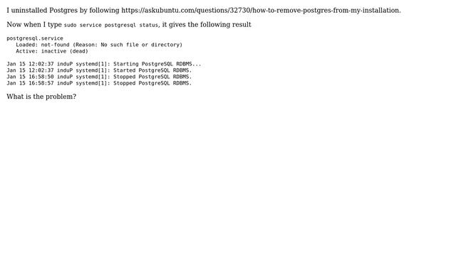 Ubuntu: Uninstalled Postgres but still staus shows output смотреть онлайн