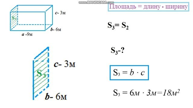 Нахождение площади граней прямоугольного параллелепипеда. смотреть онлайн
