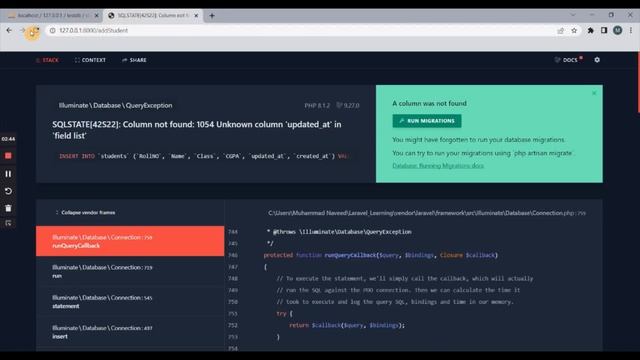 Why SQLSTATE[42S22]: Column not found: 1054 Unknown column error occurred| Database Errors смотреть онлайн