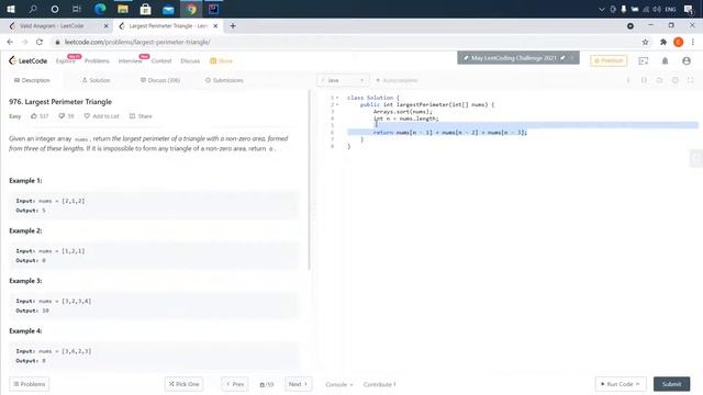 976. Largest Perimeter Triangle. Leetcode.com. Решение на Java смотреть онлайн