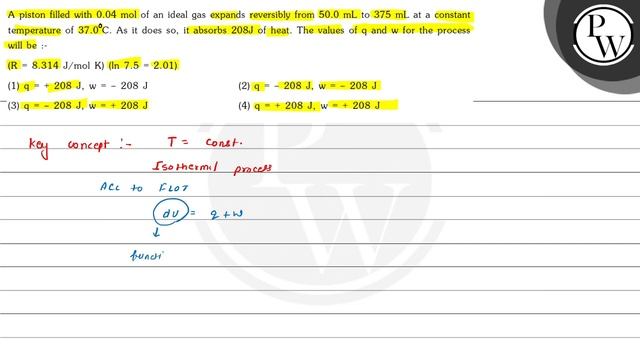 A piston filled with \( 0.04 \mathrm{~mol} \) of an ideal gas expands reversibly from \( 50.0 \m... смотреть онлайн