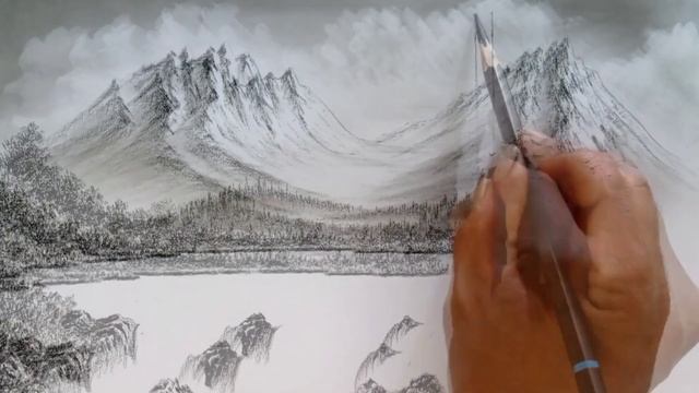 winter mountain waterfall landscape scenery drawing by pencil// Bob ross style drawing// смотреть онлайн