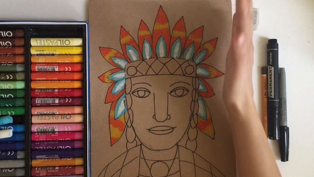 Урок рисования /drawing lesson. Рисуем индейца . Рисунок масляной пастелью. смотреть онлайн