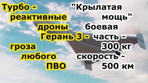 БПЛА Герань 3 это Герань 2 с реактивным двигателем скорость в 500 км в час и боевой частью 300 кг