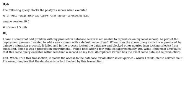 Databases: Alter table add column with no default blocks смотреть онлайн