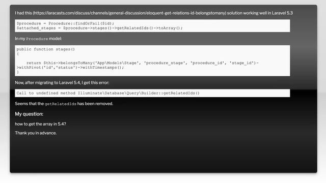 Getting array of related IDs from a belongsToMany relation - Laravel 5.4 смотреть онлайн