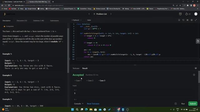 1155. Number of Dice Rolls With Target Sum || Python || LeetCode смотреть онлайн