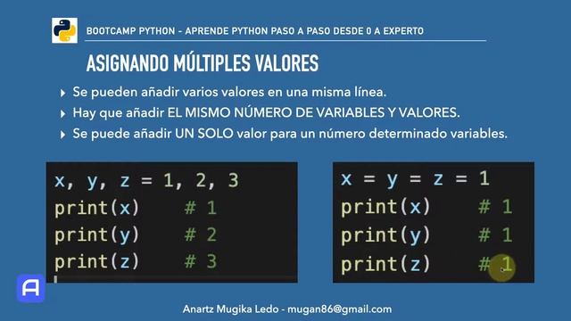 Bootcamp Python 3 - Variables y constantes - Asignando múltiples valores смотреть онлайн